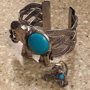 Elephant bracelet and ring set with turquoise rock